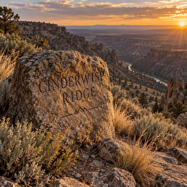At a high desert canyon overlook, a weathered granite trail marker rises among sage and pale grasses; "CINDERWISP RIDGE" is deeply carved across its broad face, the cut letters catching slanting amber light. — GPT Image 2.5 Sunburst