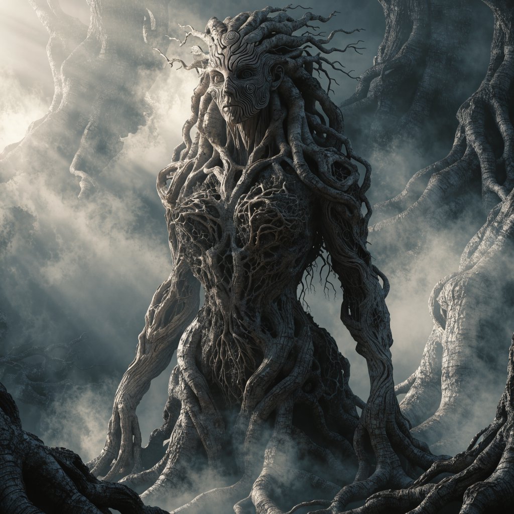 fantasy aesthetic, volumetric fog, chiaroscuro lighting, subsurface scattering, sculptural realism, an epic adult dryad. — Recraft v4
