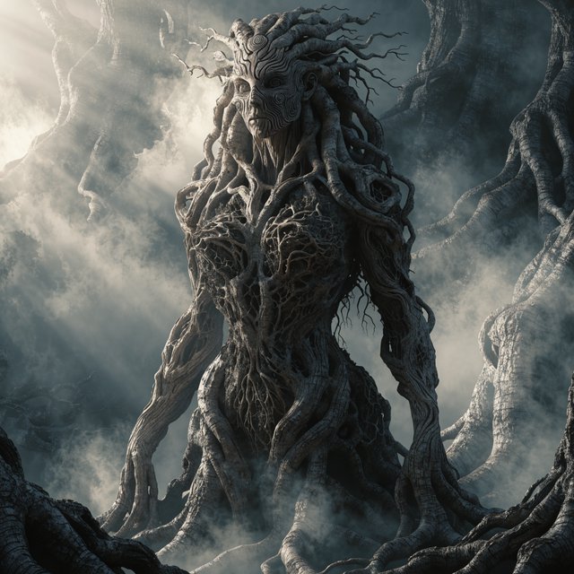 fantasy aesthetic, volumetric fog, chiaroscuro lighting, subsurface scattering, sculptural realism, an epic adult dryad. — Recraft v4