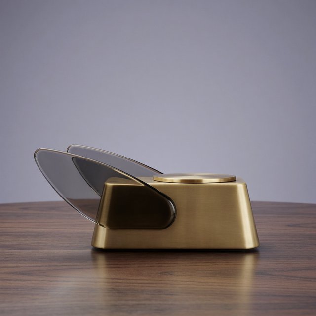 Commercial product photograph of an unbranded sculptural table clock made from satin brass and smoked glass, resting on a dark walnut surface against a muted lavender background, illuminated by a large diffused softbox from the upper left and a subtle rear rim light. — Krea 2 Medium