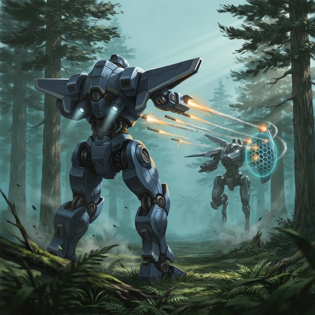 A dramatic cinematic scene of a towering 20-meter futuristic mecha standing in a dense forest, viewed from behind as the main focus. Its design is sleek, angular, and elegant, with a classic retro-futurist Japanese mecha aesthetic. Shoulder missile pods fire a volley of missiles toward an enemy mecha of a different but similarly styled design. The enemy mecha hovers in the air ahead, blocking the incoming missiles with a large arm-mounted energy shield. Dynamic action, smoke trails, forest scale, and intense battle atmosphere. — Ideogram v4