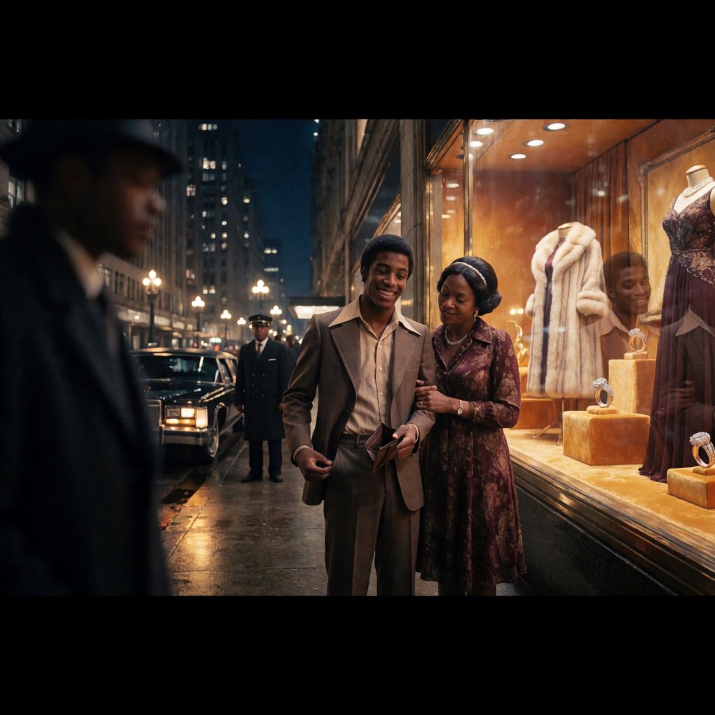 Cinematic city scene at night, with the glamour of 1970s soul romance. In the foreground, a young Black man in a modest brown wide-lapel suit smiles at his adult beloved, playfully turning out his empty trouser pocket while holding an almost-empty wallet. His adult girlfriend wears a burgundy patterned dress and delicate hairband; she holds his arm and gazes at him lovingly, unconcerned by his lack of money. Beside them, a grand department-store window glows amber, displaying a luxurious fur coat, regal evening gown, diamond rings and strings of pearls. In the glass, their reflections appear elegantly dressed, hinting at the lavish life he dreams of giving her. A polished black limousine waits at the curb beside a uniformed chauffeur. Wet pavement mirrors golden lights; deep blue city buildings balance the amber, cream and burgundy palette. Warm, joyful, sincere mood; realistic faces and hands, detailed fabrics and reflections. No text, borders or collage. — Krea 2 Medium