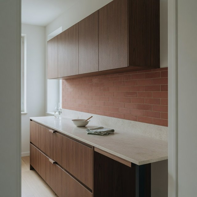 Along a galley kitchen, flat-front walnut cabinets meet pale limestone counters and a matte terracotta backsplash in restrained Scandinavian modern style; soft north-window daylight reveals the worktop from the doorway, with clean aligned lines and believable supports. — Model 6