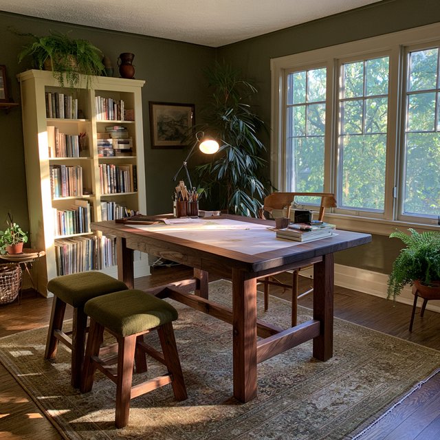 A quiet mapmaking room contains exactly one walnut drafting desk at the center, two moss-green stools side by side along its west edge, and one cream bookcase against the north wall; pale morning light, nothing else. — Midjourney V8.2