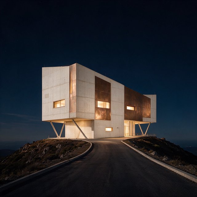 A hilltop observatory in spare contemporary architecture glows against the midnight sky, its pale concrete walls, bronze panels, and narrow windows lit from within; viewed from the access road, crisp edges and credible structural supports. — Seedream 5.0 Pro