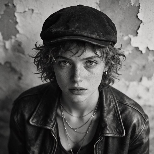 A monochrome, grainy, photorealistic medium close-up shot from a high angle: a young woman with messy, short curls, fair, freckled skin, and an intense, direct gaze into the camera. She is wearing a faded, worn-in black flat cap, a distressed vintage leather jacket over a dark undershirt, several thin silver chains, and a small hoop earring. Soft, diffused side lighting from the left casts gentle shadows across her face. In the background, a weathered wall with peeling plaster. Shallow depth of field, a moody, gritty film aesthetic, and sharp focus on the subject's eyes. — Seedream 5.0 Pro