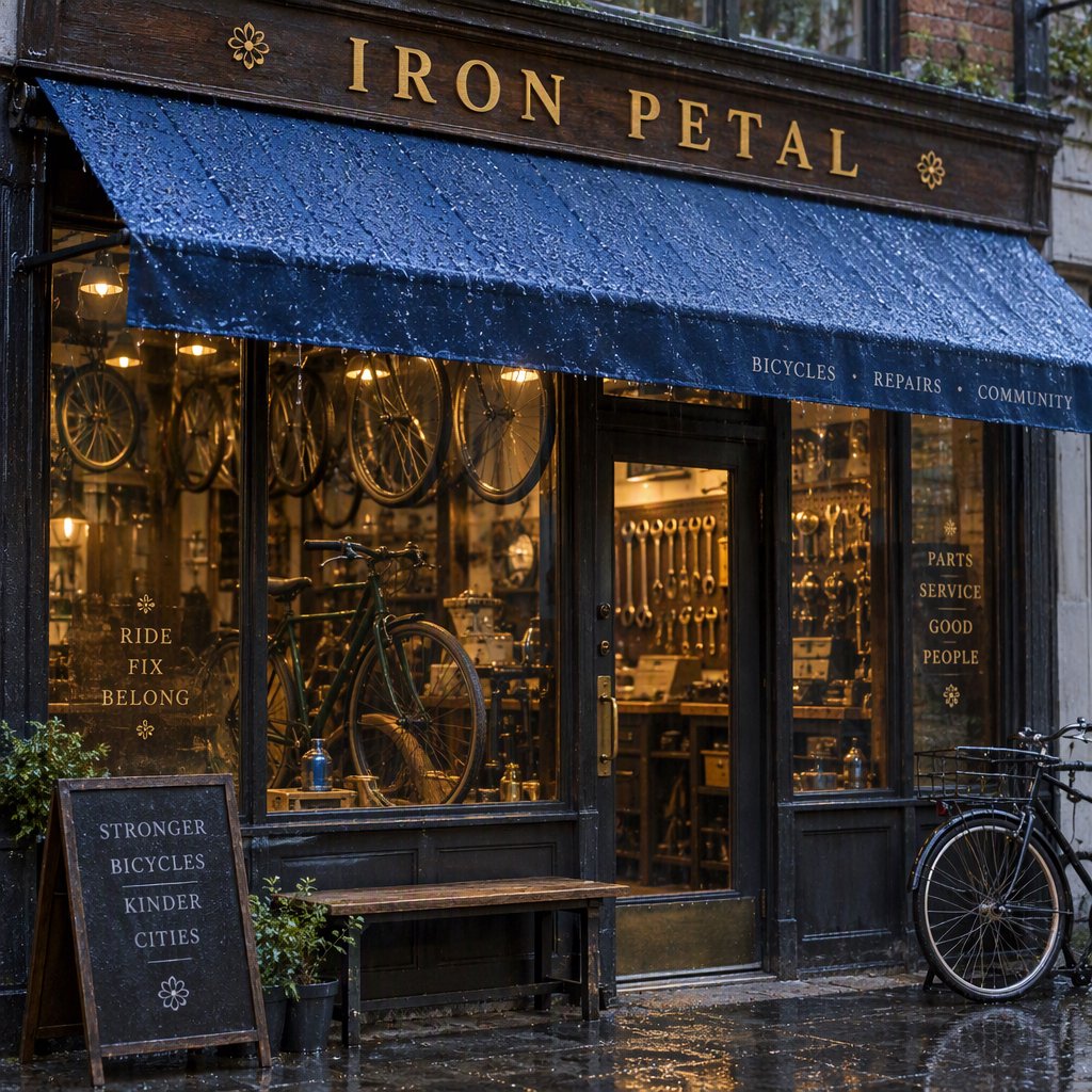Rain beads on a bicycle repair shop’s blue awning, with wheels and brass tools visible behind the glass; “IRON PETAL” is lettered in warm yellow enamel capitals across the wooden fascia. — GPT Image 2.5 Sunburst