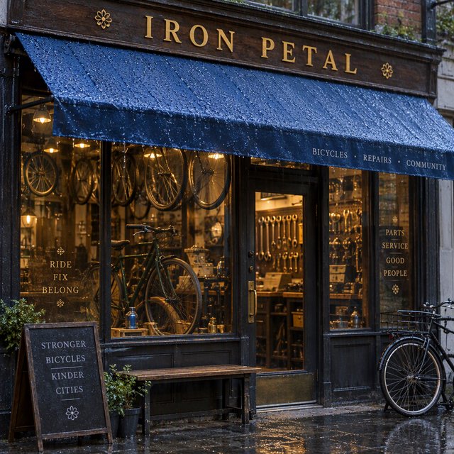 Rain beads on a bicycle repair shop’s blue awning, with wheels and brass tools visible behind the glass; “IRON PETAL” is lettered in warm yellow enamel capitals across the wooden fascia. — GPT Image 2.5 Sunburst