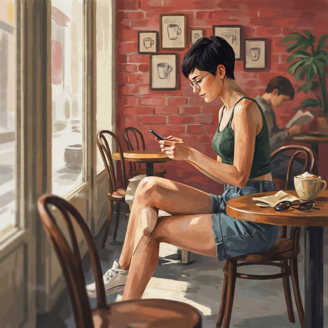 SUBJECT: Side view of a young woman seated at a cafe table, beautiful legs crossed, reading her phone. CHARACTER: 25-year-old woman with an extremely short black pixie cut, all hair under one inch. Stylish glasses, tight dark green ribbed tank top, bare midriff, shorts, comfortable shoes. SETTING: Trendy urban cafe, red brick walls decorated with framed sketches of coffee mugs. STYLE: Stylized semi-realistic digital painting, animation-inspired characters and environments. Expressive faces, large eyes, strong brows, simplified anatomy, convincing 3D volume and depth. Painterly shape-based rendering, minimal outlines, soft blended shading, broad angular brushstrokes. Luminous colors, warm undertones, restrained highlights. Hair and textures rendered in sculpted masses with selective fine detail. Muted charcoal and earthy palette, soft directional light, cohesive shadows, atmospheric depth. Detailed eyes and lips, simplified backgrounds, loose edges, unfinished brushwork. — Model 7