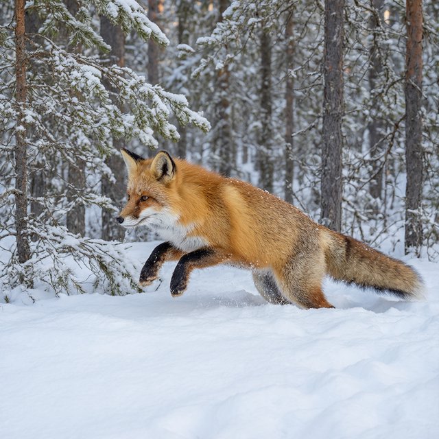A red fox springs through powdery snow at the edge of a pine forest, ears forward and paws suspended. A real-world wildlife telephoto photograph in pale dawn light, 300mm lens, with snow crystals frozen midair. — Model 18