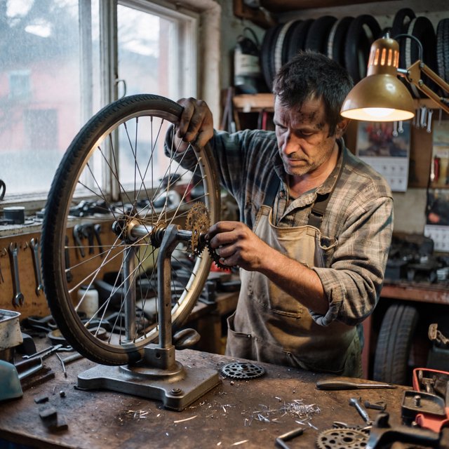 Candid documentary photograph of an adult bicycle mechanic tightening a wheel in a modest repair shop, cool window light mixing with a warm work lamp, 35mm lens with moderate depth of field, fine metal filings caught on the workbench. — ImagineArt 2