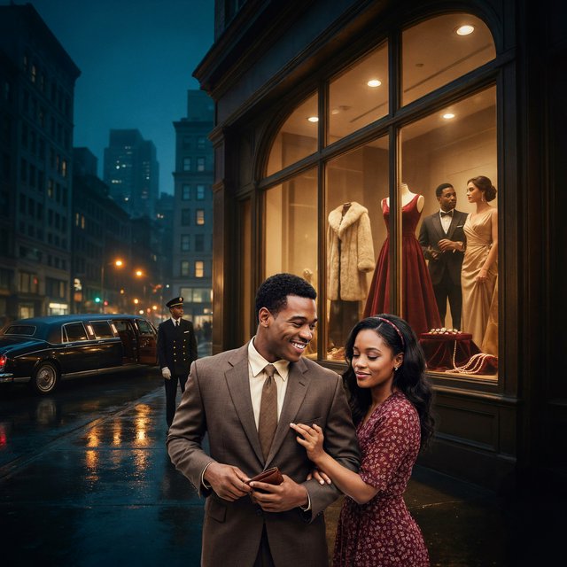 Cinematic city scene at night, with the glamour of 1970s soul romance. In the foreground, a young Black man in a modest brown wide-lapel suit smiles at his adult beloved, playfully turning out his empty trouser pocket while holding an almost-empty wallet. His adult girlfriend wears a burgundy patterned dress and delicate hairband; she holds his arm and gazes at him lovingly, unconcerned by his lack of money. Beside them, a grand department-store window glows amber, displaying a luxurious fur coat, regal evening gown, diamond rings and strings of pearls. In the glass, their reflections appear elegantly dressed, hinting at the lavish life he dreams of giving her. A polished black limousine waits at the curb beside a uniformed chauffeur. Wet pavement mirrors golden lights; deep blue city buildings balance the amber, cream and burgundy palette. Warm, joyful, sincere mood; realistic faces and hands, detailed fabrics and reflections. No text, borders or collage. — Ideogram v4.5