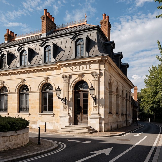Exterior of a French Second Empire town hall with pale limestone, a dark mansard roof, copper cresting, and tall arched windows; clear spring light falls across the entrance terrace, viewed from the quiet street corner, precise lines and believable construction. — Recraft v4 Pro