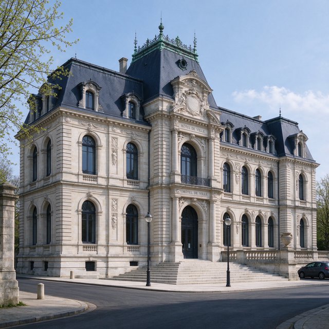 Exterior of a French Second Empire town hall with pale limestone, a dark mansard roof, copper cresting, and tall arched windows; clear spring light falls across the entrance terrace, viewed from the quiet street corner, precise lines and believable construction. — Seedream 5.0 Flash