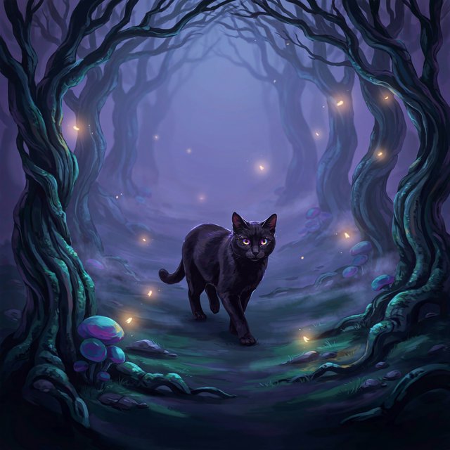A sleek, obsidian cat with fur that seems to absorb all light, walks with quiet grace through a tranquil, mist-shrouded forest. Its eyes glow with an inner cosmic energy, reflecting distant nebulae. Ethereal fireflies drift around it, illuminating ancient, gnarled trees and glowing mushrooms. The style is deeply atmospheric, emphasizing soft focus and a palette of deep purples and blues. — Ideogram v4