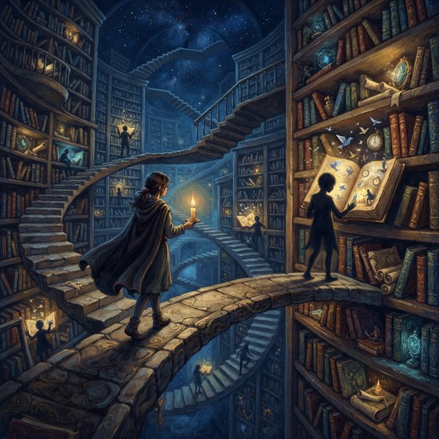In an infinite library where floating staircases defy gravity, a young woman carries a candle through endless shelves. Her shadow has quietly detached itself from her feet and now wanders independently among the towering bookcases, secretly opening glowing books filled with forgotten memories. Each open page reveals miniature worlds: flying origami birds, drifting clocks, and tiny ghostly figures. The woman's candlelight creates impossible reflections, revealing dozens of alternative shadows with distinct personalities. Dreamlike surrealism, warm golden candlelight set against deep blue darkness, intricate details, magical realism, painterly. — Nano Banana 2 Lite