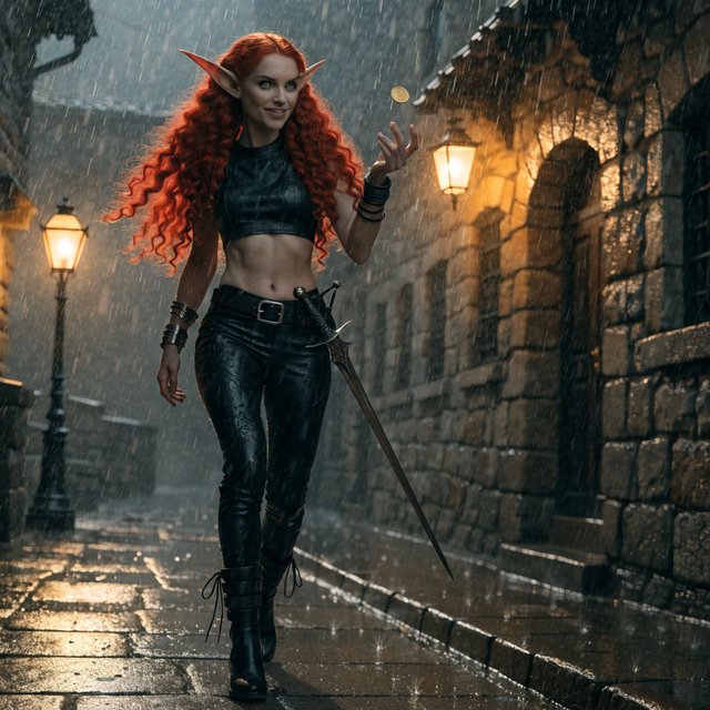 A beautiful, slim adult elf woman wearing black leather pants and a black leather crop top that leaves her belly exposed. She has stunning, intense green eyes and long, flowing, curled red hair. She is smiling; she is a rogue, with a rapier hanging from her belt. She is catwalking through a medieval fantasy tavern at night while flipping a golden coin, in a realistic fantasy style. — Recraft v4
