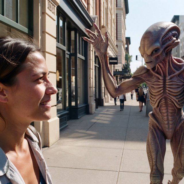 Alien monster walking down the street, greeting a beautiful woman walking toward him down the street on a lovely sunny day! — ImagineArt 2