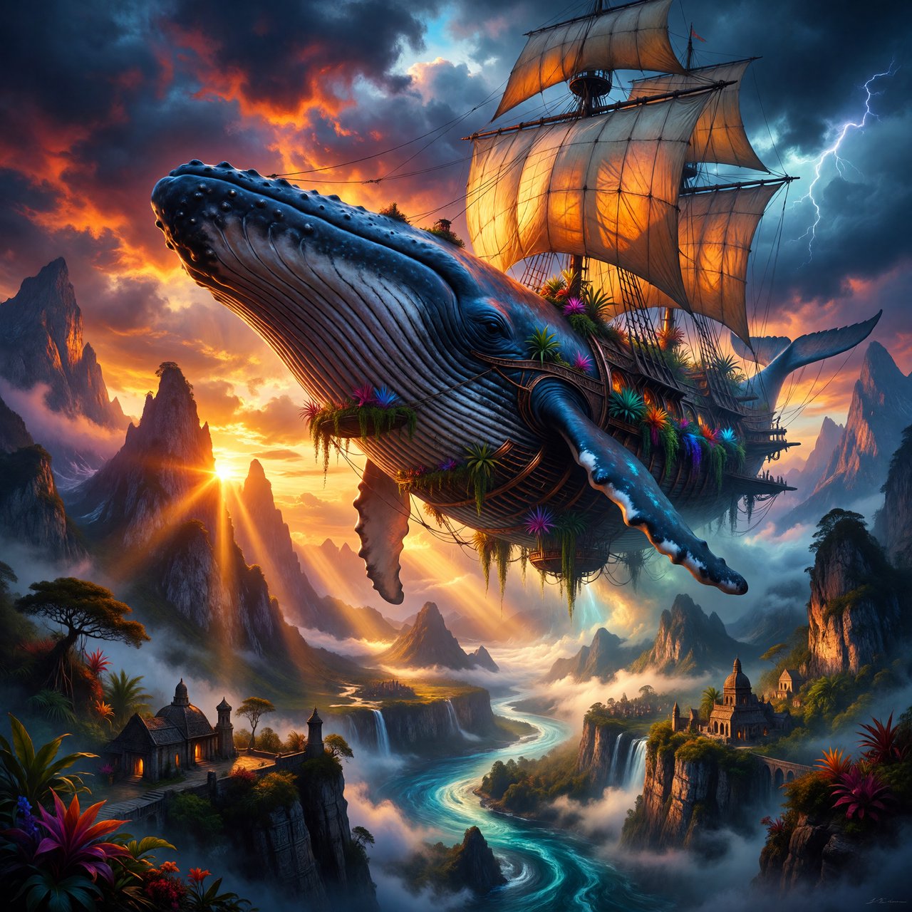 A vast, whale-shaped sky barge sails between mountain spires, its copper ribs supporting gardens and glowing sailcloth. Below, cloud rivers curl around tiny cliff villages as sunset pours through storm breaks, outlining the vessel in molten gold. — ImagineArt 1.5 Pro