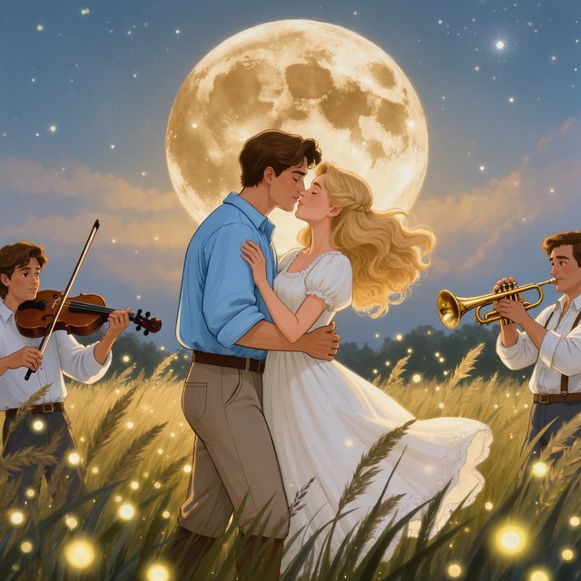 An illustration of a young adult European couple sharing a kiss while dancing in a moonlit meadow, with tall grass, fireflies, musicians playing music, and a huge silver moon overhead. — Kling v3 Omni