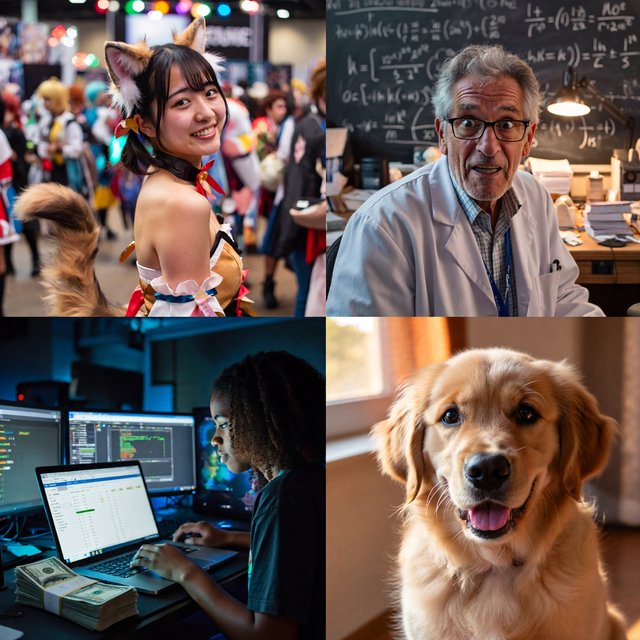 Realistic. Four scenes in one. 1) A pretty Japanese woman, about 19–23 years old, in cat-type cosplay at an anime convention. 2) An old German man or woman, about 60–65 years old, finally having a breakthrough that would change the world. 3) A happy, mixed-race, 21-year-old female or male hacker checking their bank account, which has many zeros, with a bundle of cash near their PC. 4) A happy moment that would make you smile. — ImagineArt 2