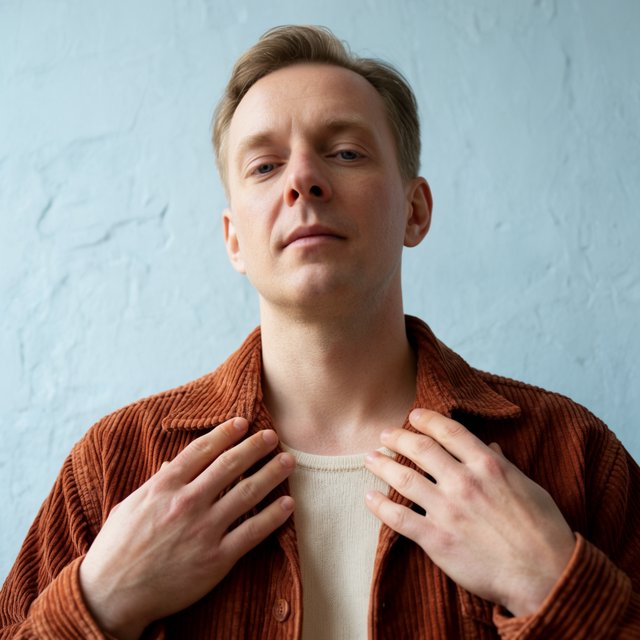 Portrait photograph of an adult man in his late 30s wearing a rust-colored corduroy overshirt over a cream knit, fingertips resting on its broad collar. His quietly curious gaze meets the camera against a pale blue plaster backdrop, softly lit by cool side-window light. — Krea 2 Large