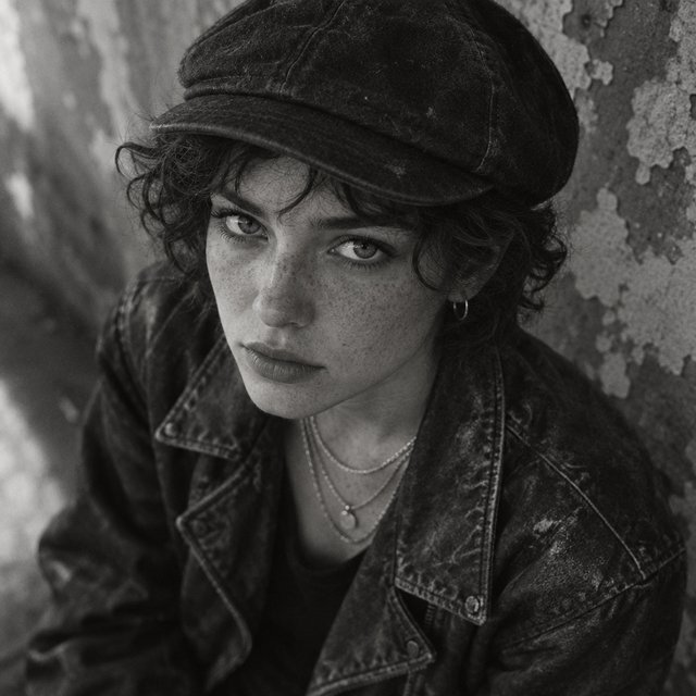 A monochrome, grainy, photorealistic medium close-up shot from a high angle: a young woman with messy, short curls, fair, freckled skin, and an intense, direct gaze into the camera. She is wearing a faded, worn-in black flat cap, a distressed vintage leather jacket over a dark undershirt, several thin silver chains, and a small hoop earring. Soft, diffused side lighting from the left casts gentle shadows across her face. In the background, a weathered wall with peeling plaster. Shallow depth of field, a moody, gritty film aesthetic, and sharp focus on the subject's eyes. — GPT Image 2.5 Flare