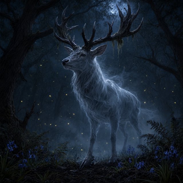 Low-angle wide shot, ancient overgrown oak forest at midnight: a colossal ghost stag looms, its semi-transparent form woven from swirling inky mist threaded with liquid silver moonlight. Polished obsidian antlers cut through shadow, jagged edges catching faint starlight, moss dangling from their points. Heavy hooves press into the loamy forest floor, wild bluebells and ferns curling black and crumbling to ash beneath each step. Hundreds of faint gold fireflies drift slowly through thick volumetric fog, their glows diffused in the haze. Deep indigo and charcoal color palette, somber quiet dread, atmospheric dark fantasy aesthetic, soft dappled moonlight filtering through a gnarled canopy, cinematic depth of field, sharp fine edges on the stag's antlers and decaying foliage. — Qwen Image 3.0