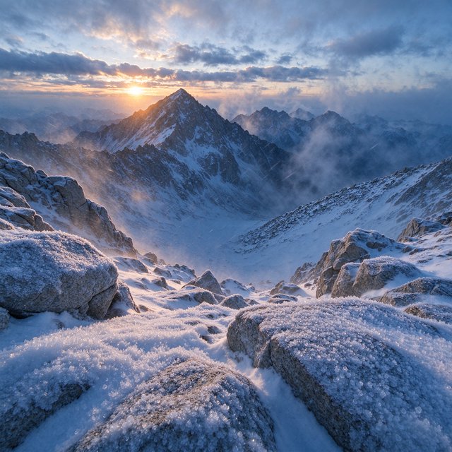 Wind combs a high granite ridge above a glacial cirque at sunrise, beneath clearing snow squalls; granular rime crusts foreground boulders while successive peaks dissolve into blue cloud shadow. — Seedream 5.0 Flash