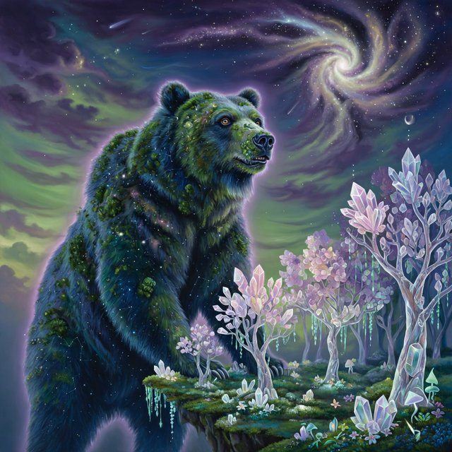 A colossal ancient bear, its fur woven with moss and starlight, stands at the edge of a shimmering, otherworldly forest. The trees are made of crystal and emit a soft, ethereal glow. In the distance, a nebula swirls in the twilight sky. The scene is rendered in a fantasy art style, with surrealist elements and cinematic lighting that emphasizes the majestic scale of nature. — Grok Imagine Image Quality