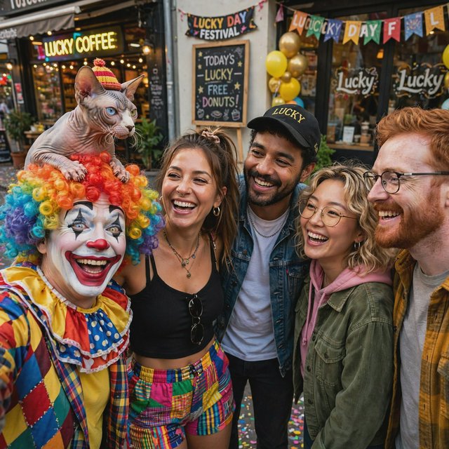 Realistic. Four to five adults having a very lucky day. One of the people is a clown with a very strange cat on their head. Another is wearing a black crop top and multicolored shorts. The word “Lucky” is seen at least twice in the background. — Muse Image 1.0