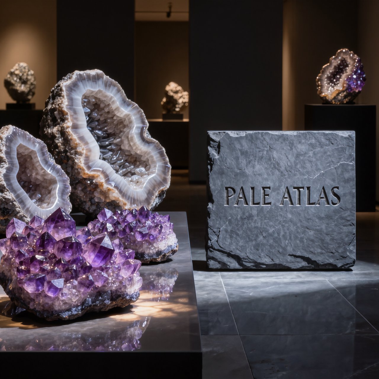Within a quiet mineral gallery, amethyst clusters and polished geodes catch pools of light; "PALE ATLAS" is carved in clean capitals across a slate plaque beside the entrance. — Kling v3 Omni