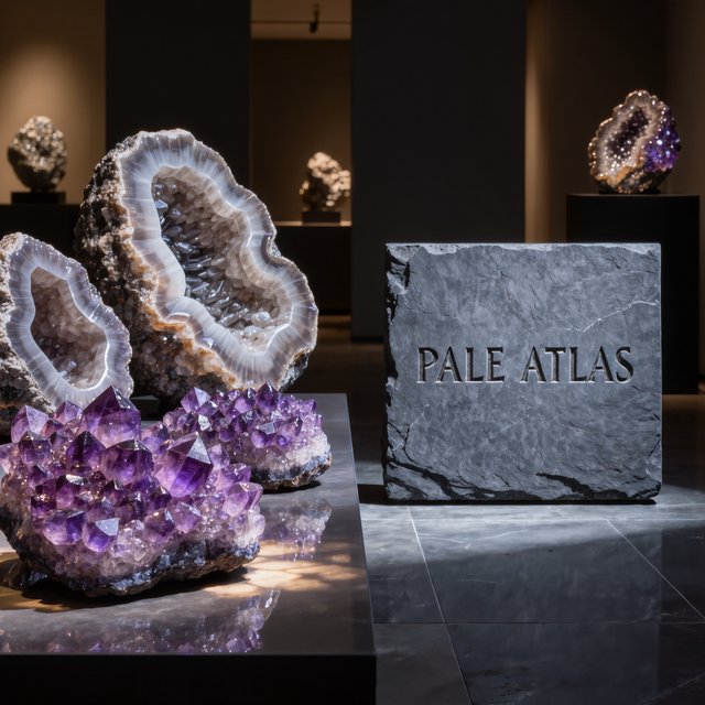 Within a quiet mineral gallery, amethyst clusters and polished geodes catch pools of light; "PALE ATLAS" is carved in clean capitals across a slate plaque beside the entrance. — Kling v3 Omni