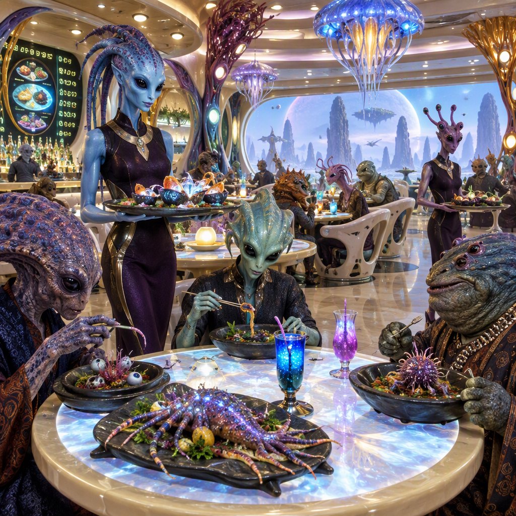 An alien restaurant on a strange planet. The interior is well lit, but the décor is very strange and out of this world. Alien waitresses are bringing in platters of food. Alien diners are eating very unusual dishes. — GPT Image 2.5 Flare