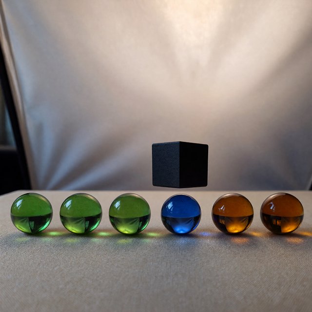 Exactly six glass marbles sit on a cream tabletop: three green marbles in a row on the left, two amber marbles in a row on the right, and one blue marble centered between the rows. A black cube sits above the blue marble, nothing else. — ImagineArt 1.5 Pro