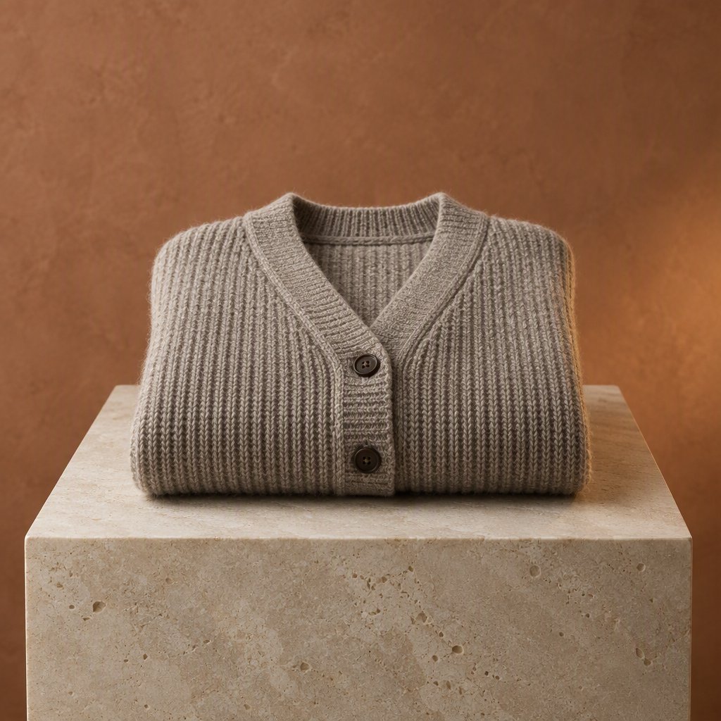 A folded unbranded merino cardigan rests on a honed limestone plinth, its chunky ribbed wool surface softly catching broad overhead diffusion and warm side bounce against a muted clay backdrop, with no tags, lettering, or graphics. — GPT Image 2.5 Flare