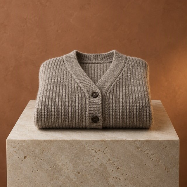 A folded unbranded merino cardigan rests on a honed limestone plinth, its chunky ribbed wool surface softly catching broad overhead diffusion and warm side bounce against a muted clay backdrop, with no tags, lettering, or graphics. — GPT Image 2.5 Flare