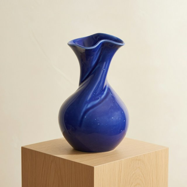 Commercial product photograph of an unbranded sculptural ceramic vase, formed from glossy cobalt porcelain, standing on a pale oak pedestal against a warm ivory background, illuminated by soft directional daylight and subtle fill. — Grok Imagine Image Quality