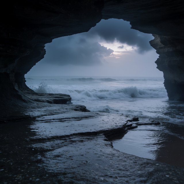 Inside a blue-grey sea cave, incoming swells curl over ribbed limestone beneath a clearing rain squall in late afternoon; wet mineral bands and shell fragments sharpen the entrance ledge, while the cavern mouth frames hazy open water. — Krea 2 Medium
