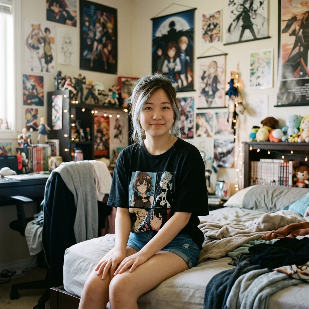 A young beautiful woman of Chinese descent, she is twenty years old, sitting in a bedroom, sitting on the edge of her bed. She is wearing a black anime-themed shirt and denim shorts. She has dark brown hair with light blue highlights, brown eyes, pale skin. Her bedroom has anime- and video game-inspired posters and trinkets. Looking at the viewer, smiling. — Nano Banana 2.1