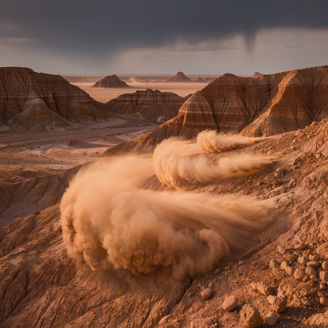 Wind-driven dust devils spiral across ochre badlands beneath a storm-clearing late-afternoon sky; pebble-studded clay ridges and tiny erosion grooves sharpen nearby, while layered mesas recede through veils of rain. — Kling v3