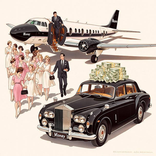 A man dressed in very nice formal clothes is getting off a private black-and-white plane. Many beautiful adult women in dresses are following the man. The man is heading toward a very high-end classic black car. The word "Money" is on the car's license plate. On top of the car is a ton of money. It is the afternoon. The vibe is cool and rich. — Midjourney Niji 7