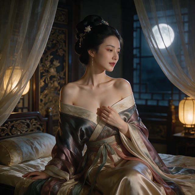 A beautiful adult Chinese woman in her 20s wearing an elegant, subtly sensual Song Dynasty–inspired hanfu with a loose off-shoulder neckline, gracefully exposing her shoulders and collarbones. She sits on an ornate wooden bed inside a refined ancient Chinese bedroom at night, surrounded by gauze curtains, carved screens and softly glowing lanterns. Moonlight filters through the lattice window, creating a romantic, intimate atmosphere. Luxurious silk fabrics, delicate hair ornaments, natural feminine pose, cinematic lighting, historically inspired details, tasteful and sophisticated. — Seedream 5.0 Pro