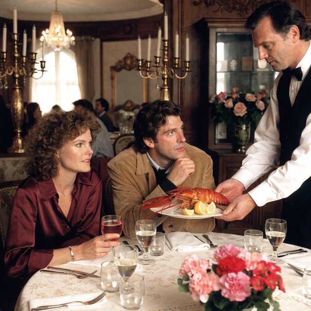 A very posh, well-lit 1990s restaurant with beautiful, tasteful decor. A husband and wife dine in a high-class restaurant. The waiter serves something very surprising as the main course! — Recraft v4