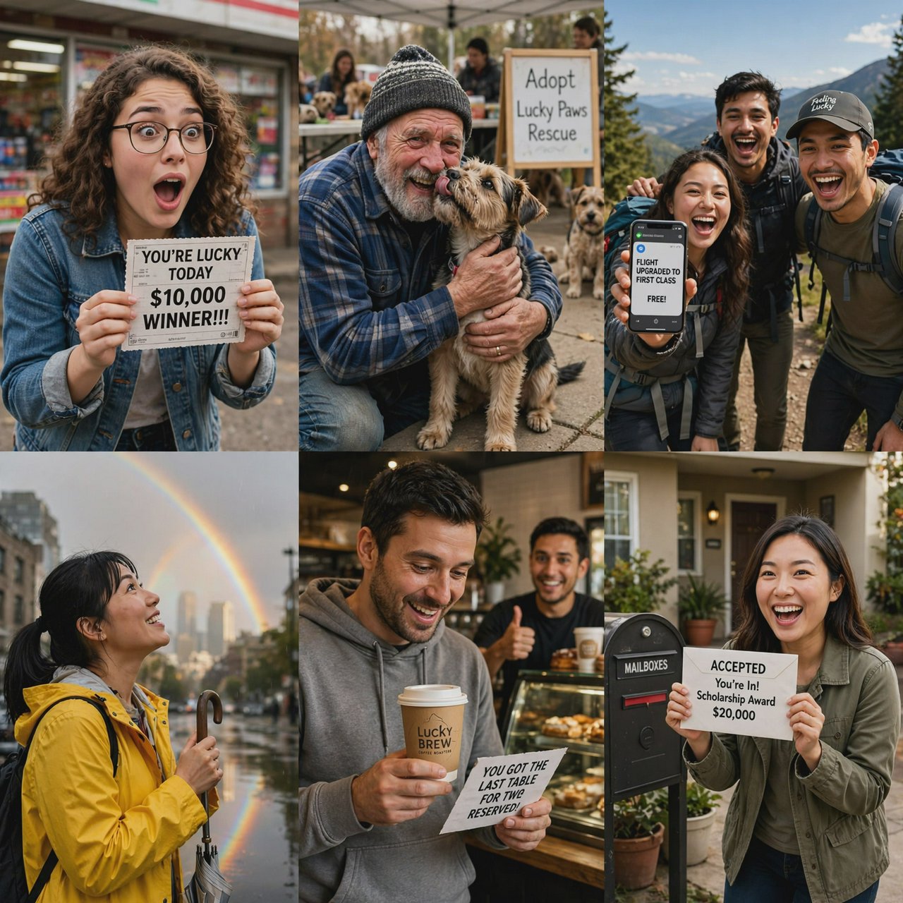 4–6 realistic scenes of people having the luckiest day of their lives. The word “Lucky” should appear at least twice in the image, and seem totally in place and seamless. The whole vibe is pretty much lucky moments that were unexpected but very welcome. — Muse Image 1.0