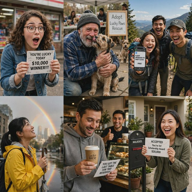 4–6 realistic scenes of people having the luckiest day of their lives. The word “Lucky” should appear at least twice in the image, and seem totally in place and seamless. The whole vibe is pretty much lucky moments that were unexpected but very welcome. — Muse Image 1.0