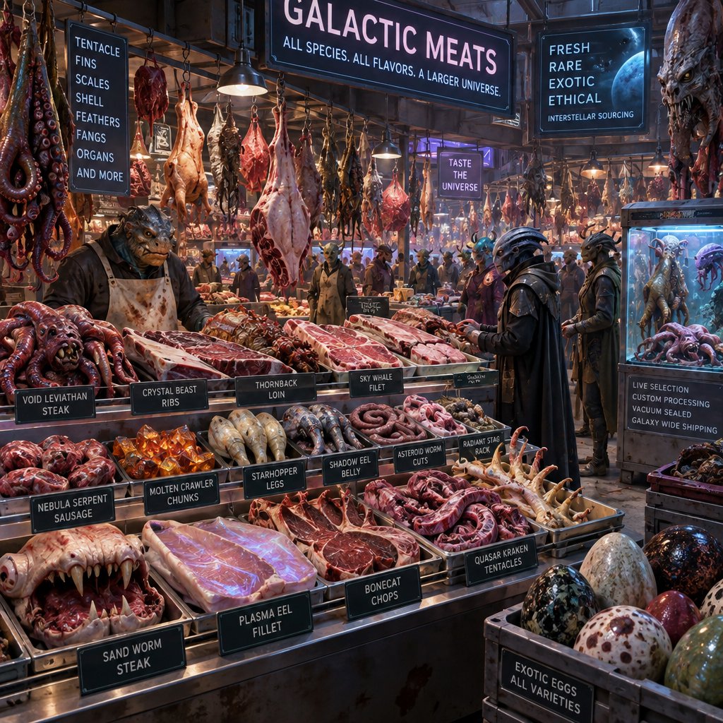 Exotic alien meat market with every possible meat imaginable on sale! — GPT Image 2.5 Sunburst