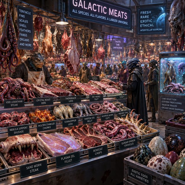 Exotic alien meat market with every possible meat imaginable on sale! — GPT Image 2.5 Sunburst