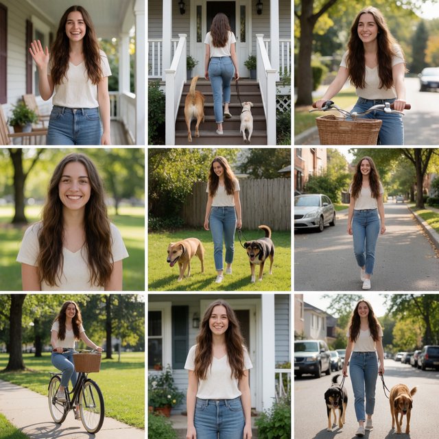 A realistic multi-panel composition with 4–7 panels, each depicting an adult enjoying a wonderful day in a distinct everyday setting. — Krea 2 Medium