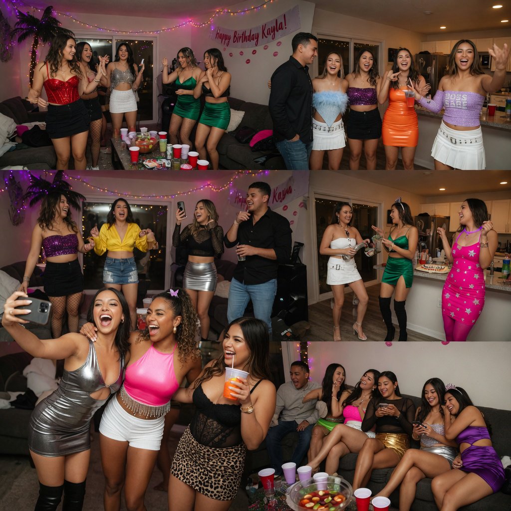 Realistic house party. Mostly adult women wearing clubwear. For every adult man, there are at least three adult women. Many angles. Vibe: very lively and fun. — Grok Imagine Image Quality